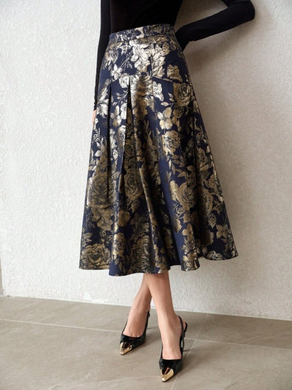 Navy Gold Metallic Floral Jacquard Pleated A-Line Midi Skirt